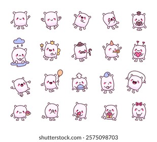 Pillow character set with kawaii cartoon emotions and cute accessories featuring magic, fairy, party hat, balloon, ice skating, gift, donut, and more delightful designs