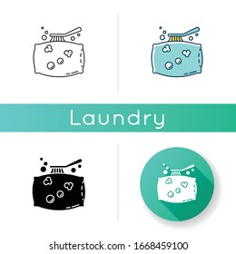 Pillow Cleaning Icon. Laundry, Linen Cleaning Service, Dust And Stain Removal. Cushion Washing, Bedding Care Brush, Professional Tool. Linear Black And RGB Color Styles. Isolated Vector Illustrations