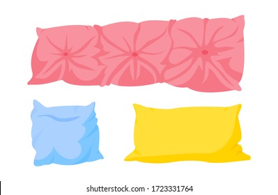 Conjunto de dibujos animados planos de color almohada. Gran sofá cojín, almohadas cuadradas. Tejido interior doméstico. Pluma, tela ecológica de bambú. Diseño de almohadillas coloridas. Aislado en ilustración vectorial blanca