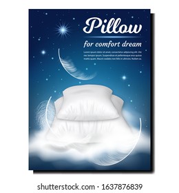 Pillow For Comfort Dream Advertising Banner Vector. Blanket Textile Material Square Shape Orthopedic Pillow, Night Stars And Feathers. Relaxation Accessory For Sleep Layout 3d Illustration