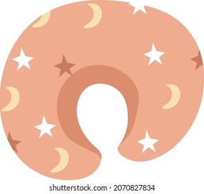 Pillow for comfortable traveling or flat cushion for newborn babies sleep. Soft and rounded shape support for head, decorated with stars and moons. Inflatable and anatomical. Vector in flat style