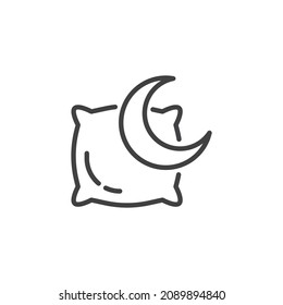 Pillow and crescent line icon. linear style sign for mobile concept and web design. Square pillow and moon outline vector icon. Sleep symbol, logo illustration. Vector graphics
