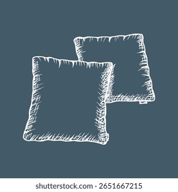 Desenho de contorno de almofada e travesseiro em estilo de gravação. Artigos de quarto, casa confortável, decoração do hotel esboço ilustração. Relaxamento, sono, descanso, conforto e relaxe. Clipart de arte de linha vetorial