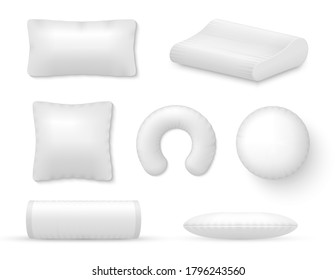 Pillow, cushion white for sleep, rest, relax realistic mockups set. Soft support of body for comfort, therapy or decoration. Bedroom interior elements templates. Vector pillow isolated on white. svg