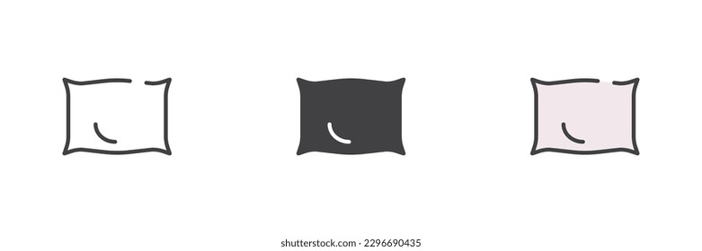 Juego de iconos de estilos diferentes de almohada. Línea, glifo y contorno relleno versión colorida, contorno y signo vectorial relleno. Símbolo, ilustración del logotipo. Gráficos vectoriales