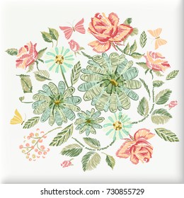 Pillow Embroidery Design. Daisy and Roses Flowers. Floral pattern. Vector illustration