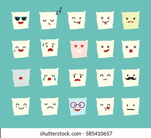 Pillow emoji vector illustration. Sleep emoticons icon, cartoon style. Isolated on blue background. Flat sticker