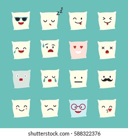 Pillow emoji vector illustration. Sleep emoticons icon, cartoon style. Square composition. Flat sticker