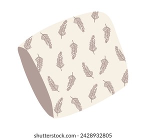 Pillow with feather pattern. Sleep element isolated. A piece of interior. Printed pillowcase. Fluff, softness. Dreams. Bedding. Doodle style. Color image beige. Vector illustration