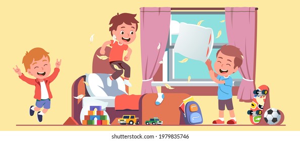 Pillow Fight At Boys Room. Three Kids Having Fun Playing Together At Home Bedroom. Excited Children Throwing Pillows, Feathers Flying, Jumping On Bed, Making Ruckus. Flat Vector Character Illustration