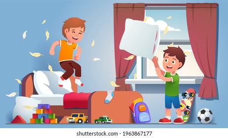 Pillow fight at boys room. Two kids having fun playing together at home bedroom. Excited children throwing pillows, feathers flying, jumping on bed, making ruckus. Flat vector character illustration