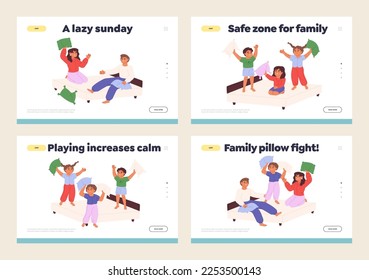 Pillow fight concept of landing pages set with kids, teenagers and parents have pillow battle game sitting on bed in bedroom. Happy family entertainment. Cartoon flat vector illustration