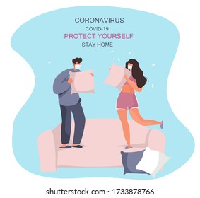 Pillow Fight During Quarantine.Characters in Pajamas.Home Hovel.Pajama party.Tent for Family.Time at Home During Coronavirus.Flat Vector Illustration