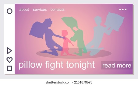 Pillow fight entertainment announcement poster or invitation webpage with people have joke fight, flat cartoon vector illustration. Pajama or sleepover night party.