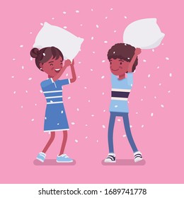 Pillow Fight Game, Black Afro Boy And Girl Kids Enjoy Free Time At Home. Sleepover Fun, Pajamas Party, Slumber Entertainment For Young Children Staying In House. Vector Flat Style Cartoon Illustration