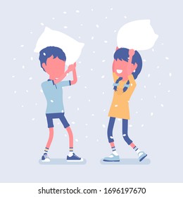 Pillow fight game, boy and girl kids enjoy free time at home. Sleepover fun, pajamas party or slumber entertainment for young children staying in house. Vector illustration, faceless character