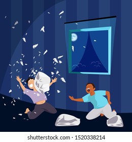 pillow fight. game for children. children in the room throw a pillow of feathers