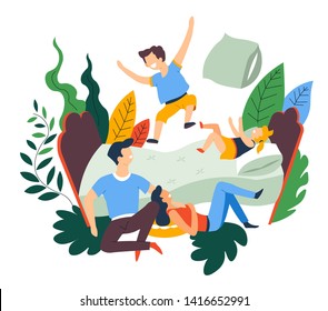 Pillow fight and jumping on bed family leisure pastime vector bedroom mother father daughter and son having fun and recreation weekend boy and girl brother and sister man and woman love nd care