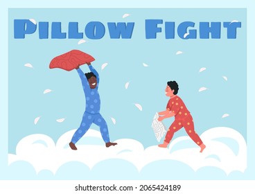 Pillow fight poster flat vector template. Happy siblings playing together. Brochure, booklet one page concept design with cartoon characters. Happy family flyer, leaflet with copy space