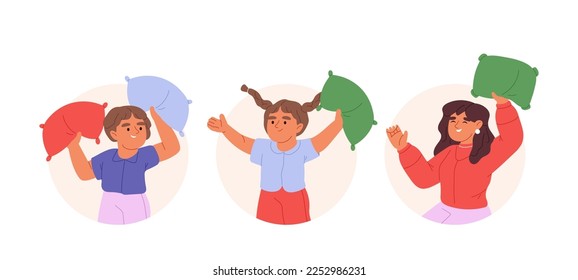 Pillow fight, set of cartoon kids holding pillows happy isolated on white background. Joyful activity for children at home in bedroom for pajama party. Cartoon flat vector illustration