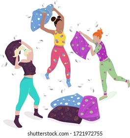 Pillow fight. Three girls in bright multi-colored pajamas hold pillows in their hands. Feathers fly around them. Vector illustration. All elements are isolated.