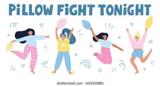 Pillow fight tonight quote. Girls with pillows cartoon illustration. Hand drawn vector concept for banner. Pajama party.