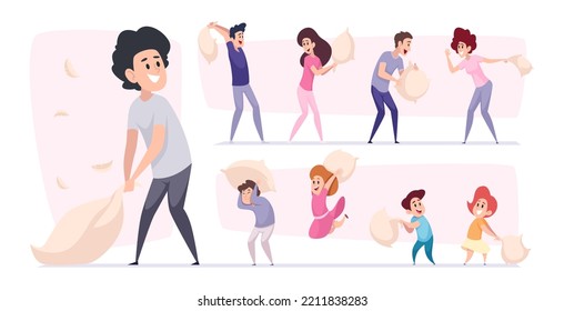 Pillow fighting. Characters playing with pillows jumping and fighting on bed peoples friendship funny activity exact vector illustrations