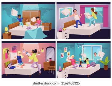 Pillow fighting funny game scene collection, flat vector illustration. Set of backgrounds with families and friends having fun fighting pillows as a joke.