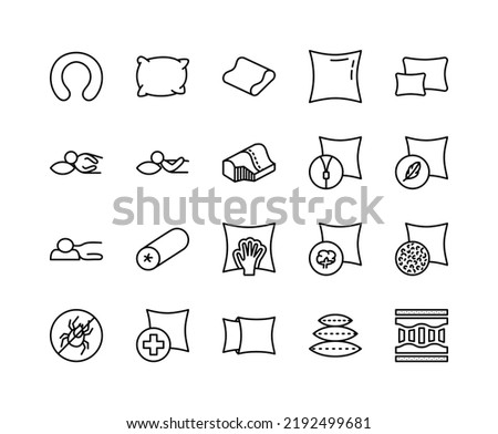 Pillow flat line icons set. Accessory For Travel And Bedroom, Orthopedic pillow with Foam memory, Cervical cushion. Simple flat vector illustration for web site or mobile app.