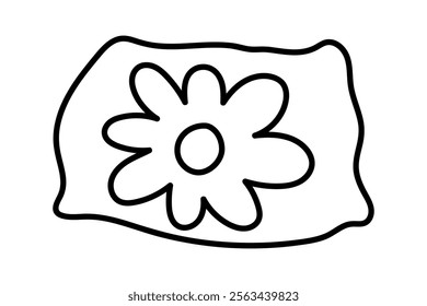 Pillow with a flower. Black and white illustration, hand drawn coloring.