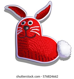 Pillow in the form of a smiling rabbit in the shape of a red heart isolated on white background. Gift for loved on Valentine's day. Cartoon vector illustration close-up.
