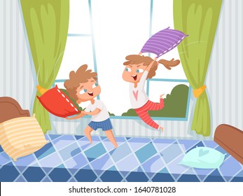 Pillow game. Kids in children room jumping on bed pyjama party funny playful characters with pillows vector background