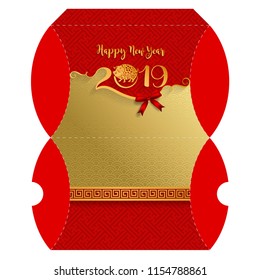 Pillow gift Box for Happy chinese new year 2019 Zodiac sign with paper cut art and craft style on color Background.(Chinese Translation : Year of the pig)
