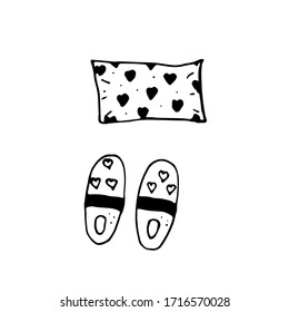 Pillow and home slippers, stay home concept. Hand drawn simple scetch. Black outline isolated on white background. Stock vector illustration. Use for poster, banner, social media cover.