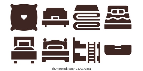 pillow icon set. 8 filled pillow icons.  Simple modern icons such as: Bed, Pillow, Single bed, Bunk bed, Blanket