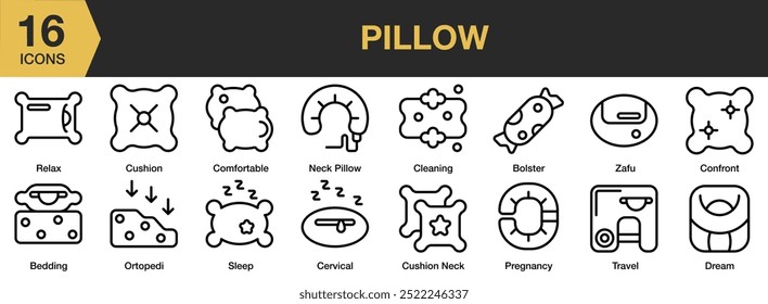 Conjunto de iconos de almohada. Incluye ropa de cama, almohadilla, limpieza, cojín cómodo, cuello y más. Colección de Vector de iconos de contorno.