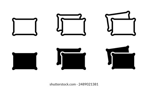 Pillow icon set. Relax symbol. Clean bed sheet vector illustration. Take a nap sign. Soft and comfortable pillow simple line and black pictogram set isolated.