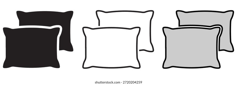 Kissensymbol-Vektorgrafik-Set: Sleep, Relax, und Bettruhe Symbolsammlung. Outline-, Solid- und 3D-Kissensymbole für Gesundheit, Therapie und mentales Wellness-Design.	