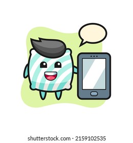 pillow illustration cartoon holding a smartphone , cute style design for t shirt, sticker, logo element