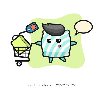 pillow illustration cartoon with a shopping cart , cute style design for t shirt, sticker, logo element