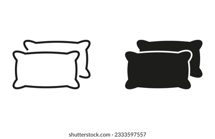 Pillow Line and Silhouette Black Icon Set. Cushion Pictogram. Home, Hostel, Hotel Comfy Bedding Sign. Bedroom Decoration Interior Symbol Collection. Night Rest. Isolated Vector Illustration.