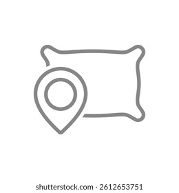 Pillow with location pin line icon. Plump pillow for sleeping symbol. Vector illustration.