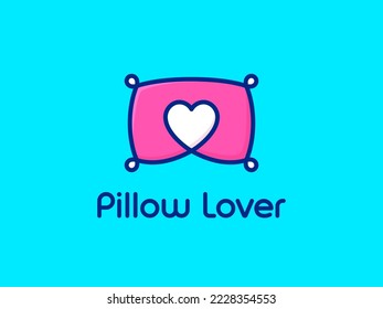 Pillow Lover logo concept. Heart symbol inside the Pillow logo design. Flat fun friendly light blue and pink pillow with heart logo. Vector illustration