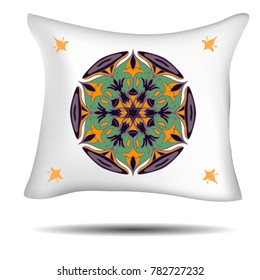 pillow with mandala, ethnic pattern on bed linen, textile ornament. print