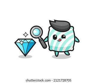 pillow mascot is checking the authenticity of a diamond , cute style design for t shirt, sticker, logo element