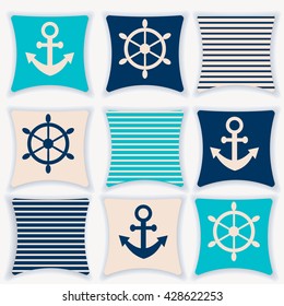 A pillow menu vector illustration. The design of the pillows on the marine theme. Pillow for flat interior design. Pillow on white background stock vector