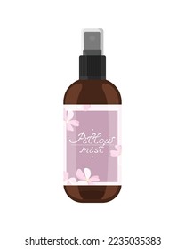 Pillow mist for home. Fragrance. With flowers. Aromatherapy. Relax. Brown bottle with sprayer. Isolated on a white. Vector illustration.