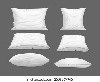 Kissenmockup vorne und Seitenansicht. Vektor einzelne Reihe von Kissen für Bett oder Sofa. Weißer Kissenbezug für die Innenausstattung eines Hauses. Weiche Textilien zum Schlafen, Nappen und Ruhen, Schablone