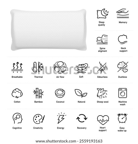 Pillow mockup with set icons for comfortable and healthy sleep showing benefits and advantages. The outline icons are well scalable and editable. EPS10.	