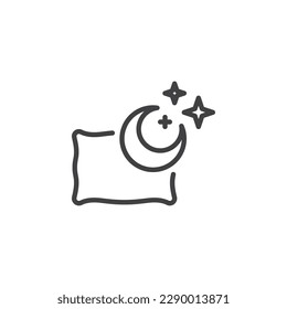 Icono de la almohada y de la línea de luna. signo de estilo lineal para concepto móvil y diseño web. Icono vector de contorno de sueños dulces. Símbolo de sueño saludable, ilustración del logotipo. Gráficos vectoriales